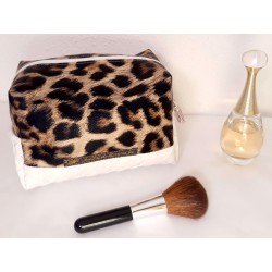 Trousse maquillage cube XXL simili cuir panier blanc/léopard