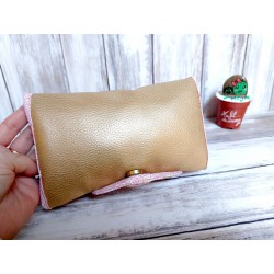Portefeuille femme simili doré foncé, coton japonais kikko rose - Porté main