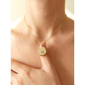 Collier médaillon fleur rose et verte